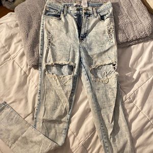 Acid wash stretchy jeans, high waisted, 7/10 condition